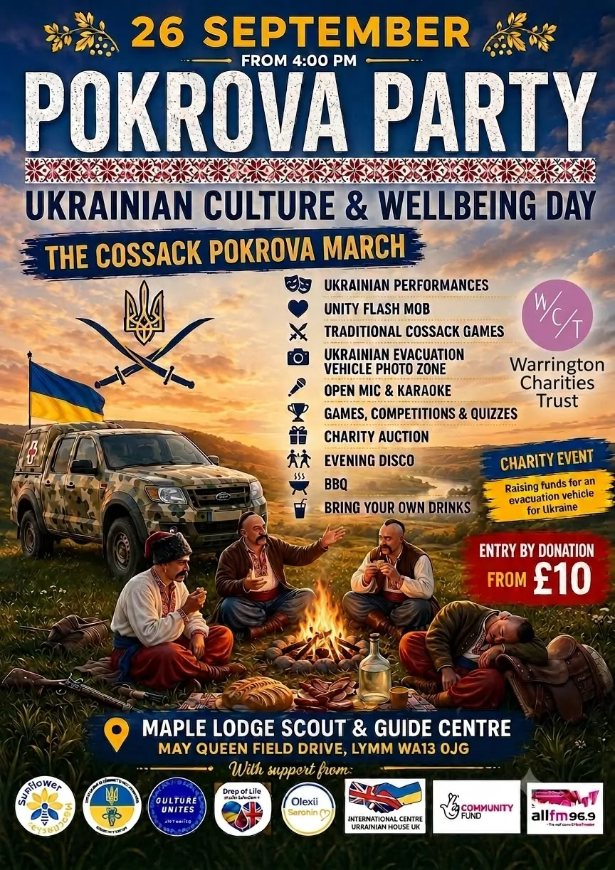 Event poster for the Pokrova Party on 26 September from 4pm at Maple Lodge Scout and Guide Centre, Lymm, listing Ukrainian performances, a unity flash mob, Cossack games, an evacuation vehicle photo zone, open mic and karaoke, games and quizzes, a charity auction, an evening disco and a BBQ, with entry by donation from £10